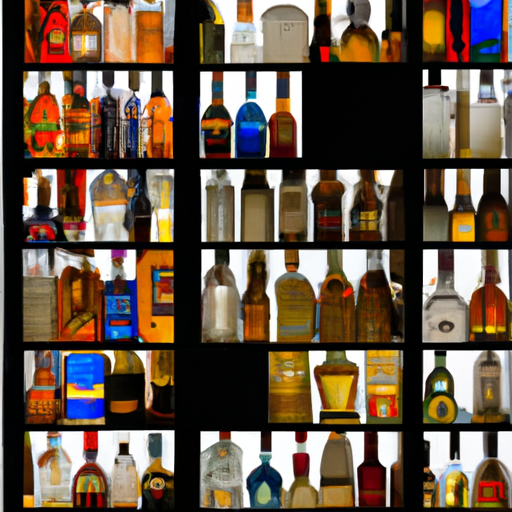 קולאז' תמונות של סוגים שונים של משקאות חריפים הנמכרים בדרך כלל בחנויות אלה