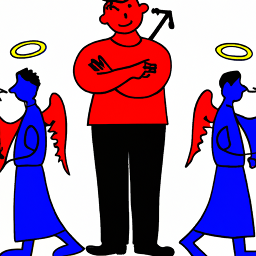 איור של אדם במצוקה מוסרית, עם דמויות שטן ומלאכים על כתפיהם, המסמל את הדילמה האתית