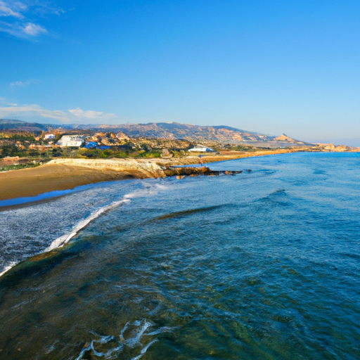 נוף פנורמי של קו החוף המדהים של קפריסין עם המים הצלולים והחולות הזהובים שלה
