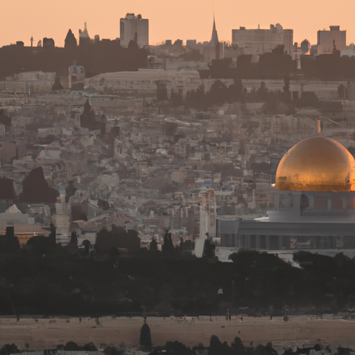 A serene photo of the Dome of the Rock at sunset, with the city's skyline in the background