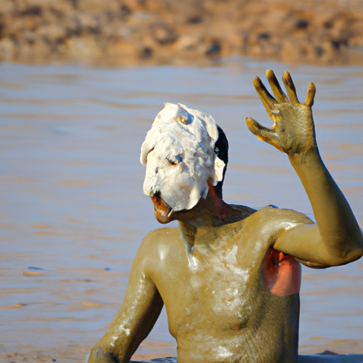 1. A photo of a visitor covered in therapeutic mud on the shores of the Dead Sea