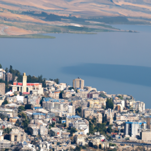 1. A captivating aerial view of Tiberias, showing the ancient city cradled by the serenity of the Sea of Galilee.