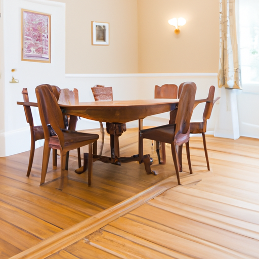 חדר אוכל בסגנון מסורתי עם רצפת פרקט, המדגים את המשיכה המתמשכת של סגנונות ריצוף קלאסיים.
